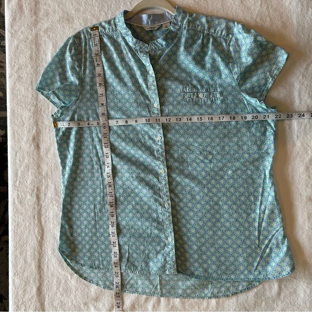 L.L. Bean Cotton Floral Button Down Short Sleeve Shirt White Blue Green Size L - Picture 7 of 8
